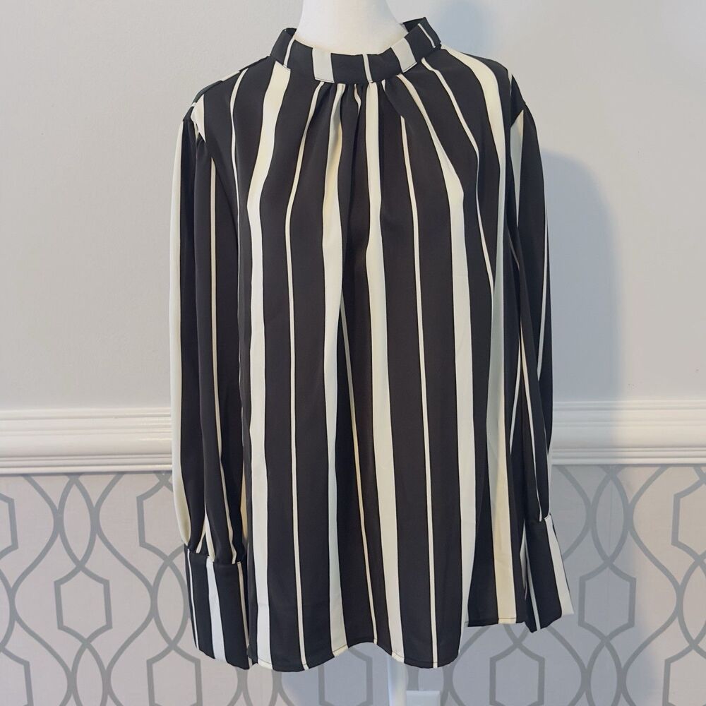 Woman's Shein Curve 1XL Black White Stripe Blouse Top Long Sleeve Button Cuff